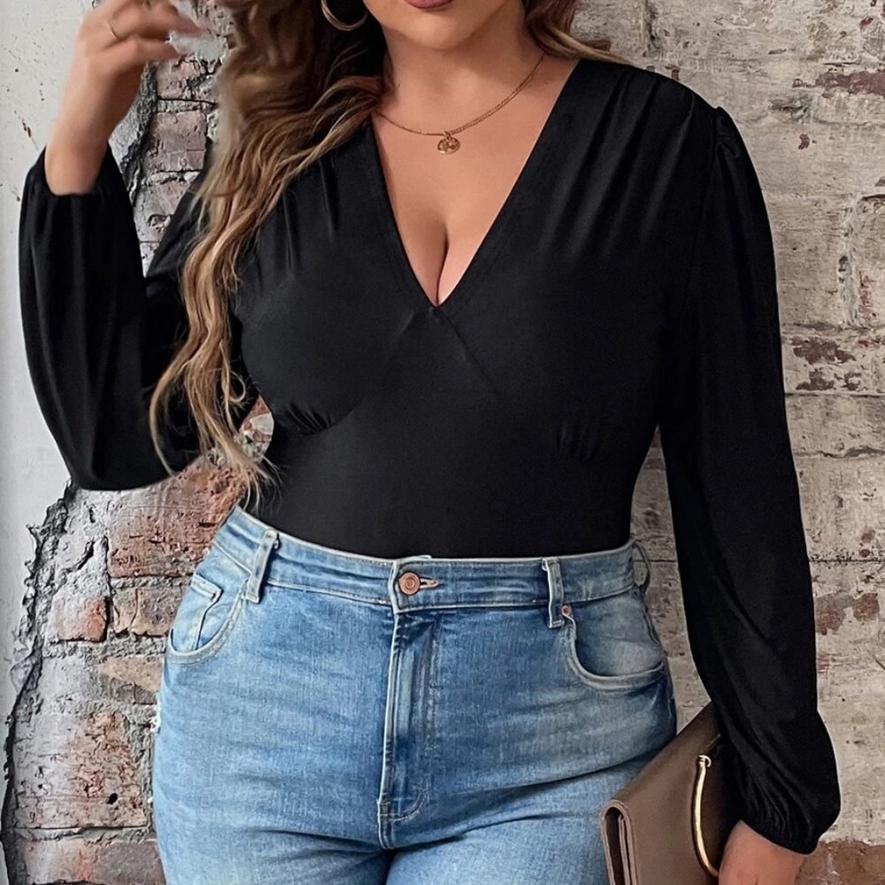 Plus Black V neck solid long sleeve bodysuit